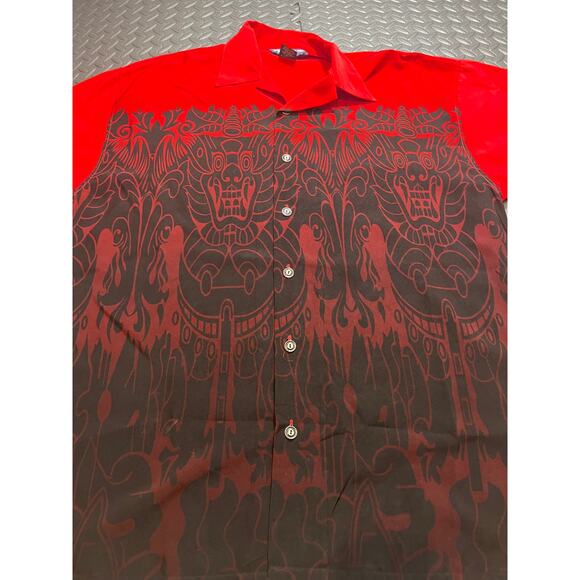 Vtg Ultimate Sport RGC Hawaiian Style Button Up Mens Large Red Black Tribal Tiki - Picture 2 of 9